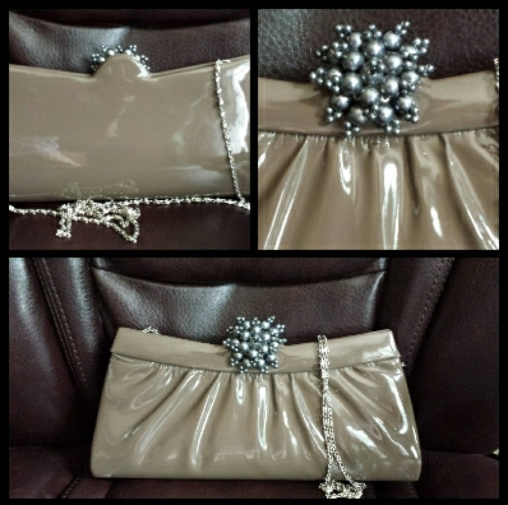 Women Taupe Tan Jeweled Pearls Purse Evening Party Handbag